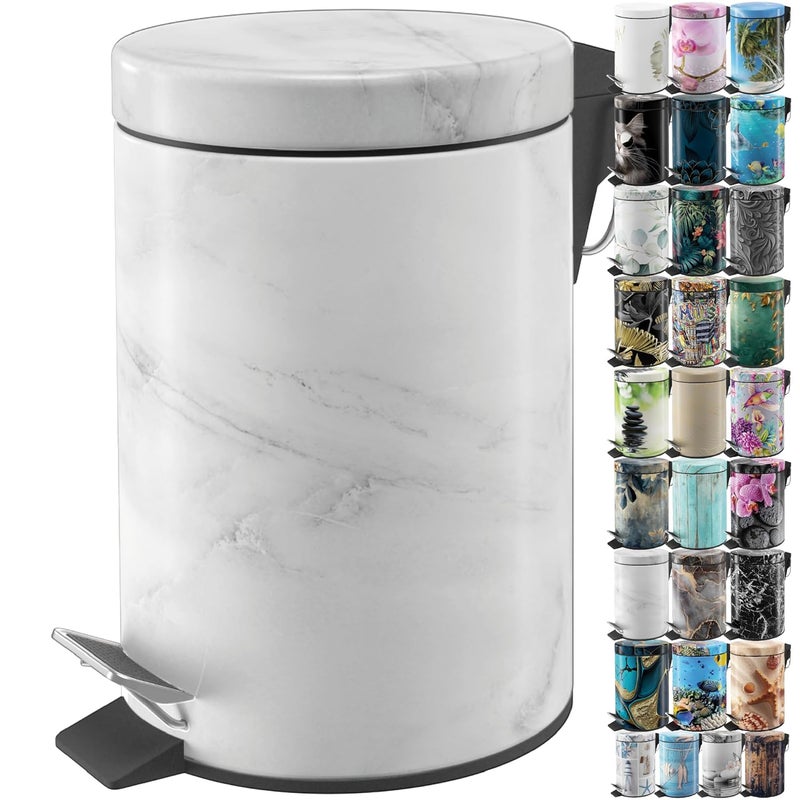 Sanilo Small Bathroom Trash Can with Lid [1.3 Gallon] - Lidded Tiny Trashcan for Garbage - Mini Metal Bin with Soft Closing Mechanism - Bath Room Accessoire Wastebin with Inner Bucket (Marble) - Image 1